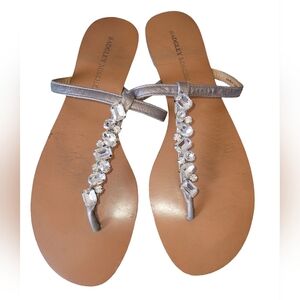 Badgley Mischka Silver Jeweled Thong Flat Sandals | Size 9.5